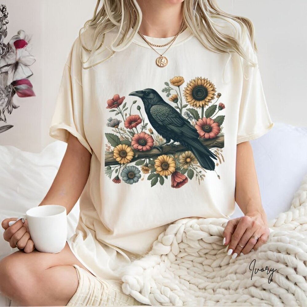 Gothic Crow Tee Dark Cottagecore Top Bohemian Raven Shirt